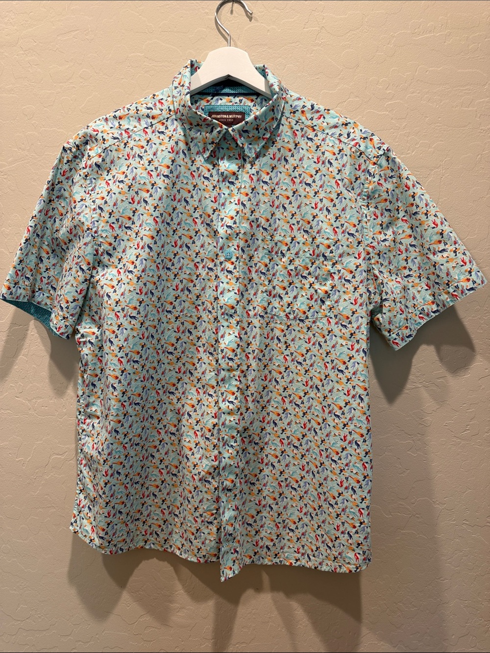 Men's Johnston Murphy Toucan Short-Sleeve Button-Down Shirt - Light Aqua Birds